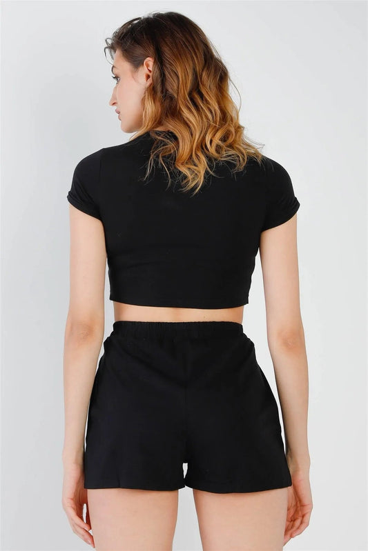 Black Cut-Out Detail Self-Tie Hem Short Sleeve Crop Top & High Waist Short Set /2-2-2