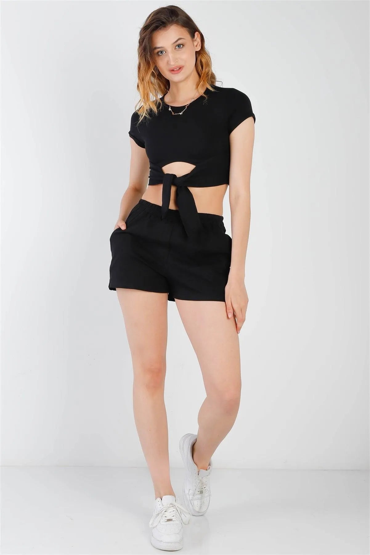 Black Cut-Out Detail Self-Tie Hem Short Sleeve Crop Top & High Waist Short Set /2-2-2