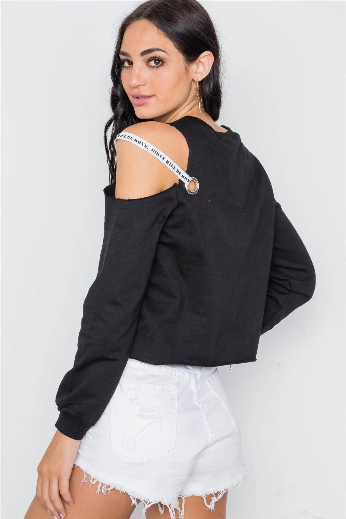Black Cold Shoulder Long Sleeve Knit Top